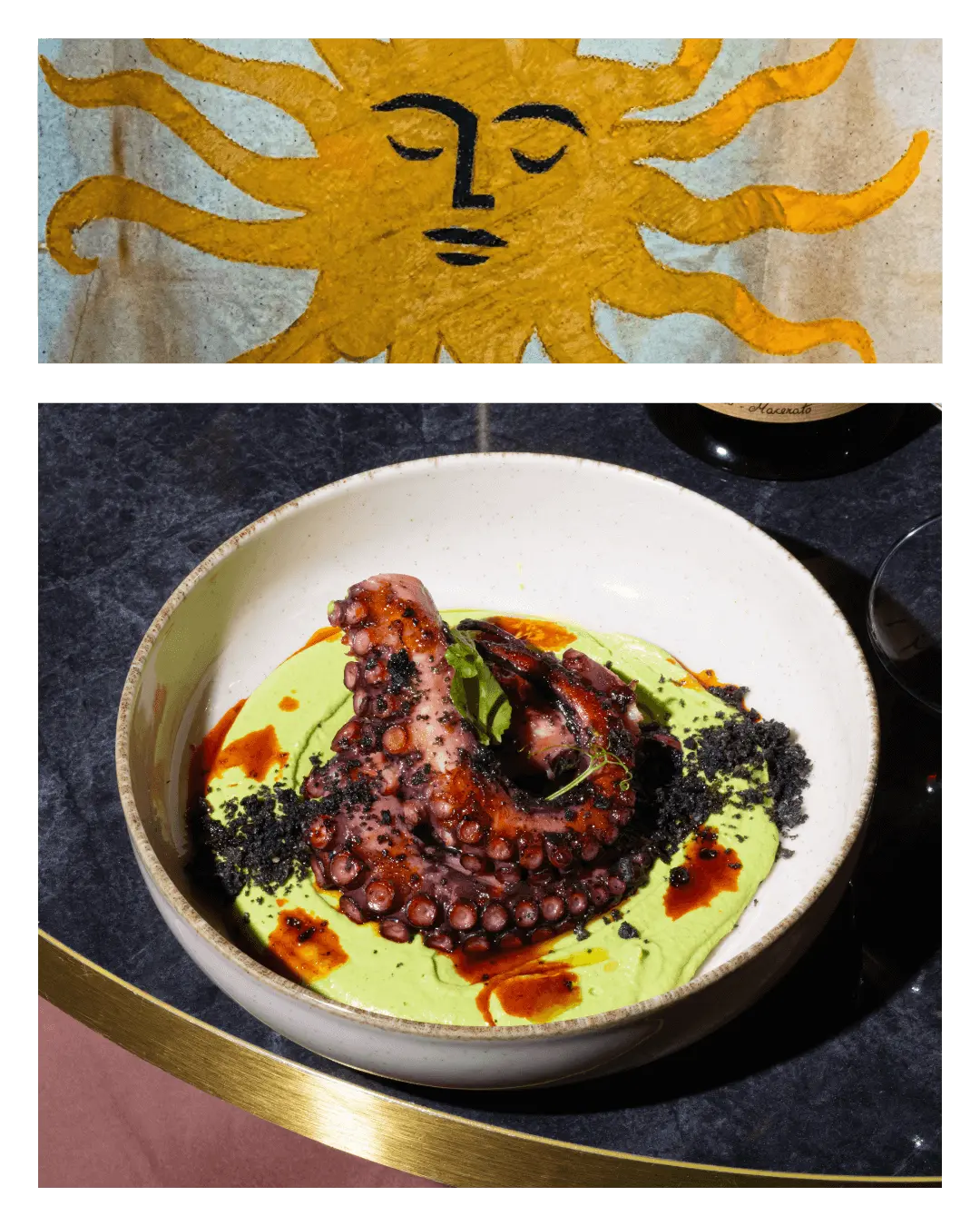 Polpo croccante su vellutata di piselli e crumble di olive nere, piatto gourmet siciliano di Talé Milano Isola con sfondo decorativo a forma di sole.